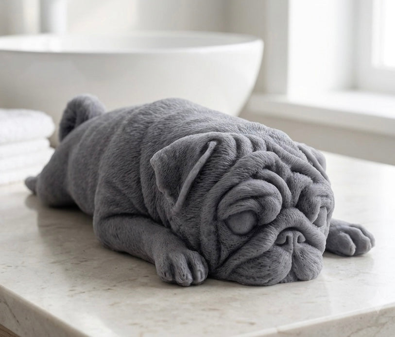 A detailed handmade vegan soap gift, sculpted in the shape of a pug dog lying flat on its stomach in a sleeping position, showing realistic skin folds and fur texture