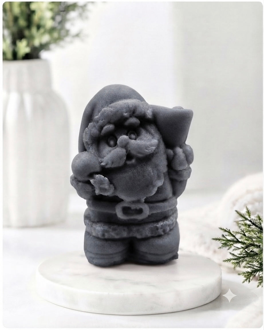 A highly detailed 3D handmade vegan soap featuring a Father Christmas carrying a large sack of gifts over his shoulder and holding a bell, featuring an intricate curly beard and fur-trimmed suit, set against a festive holiday background.