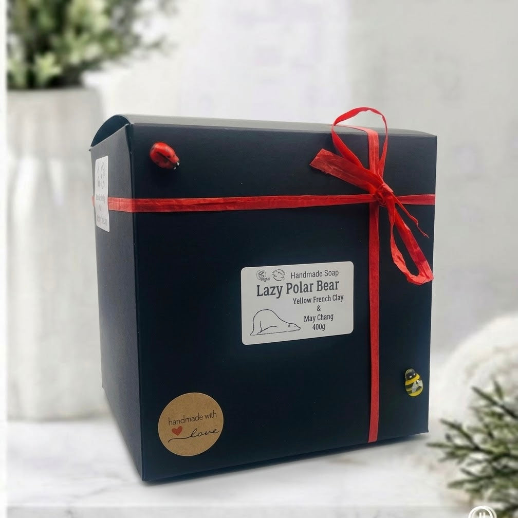 Black square gift box tied with a red ribbon and decorated with small ladybird and bee embellishments, featuring a label for Lazy Polar Bear handmade soap.