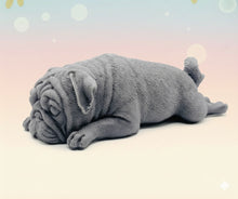 Load image into Gallery viewer, Handmade vegan soap featuring sleepy pug lying down and packed in beautiful eco friendly packaging. crafted with natural French clays, activated charcoal and essential oils. a eco-friendly, zero waste gift that’s cruelty-free, skin-nourishing, and perfect for pug owners, dog lovers or animal themed gifts. Small business UK
