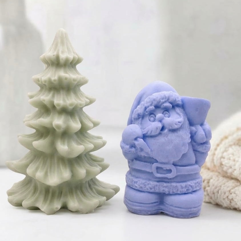 Unique lavender and sage green soap gift set with Santa Claus and a detailed Christmas Tree. A lovely stocking filler or festive present.