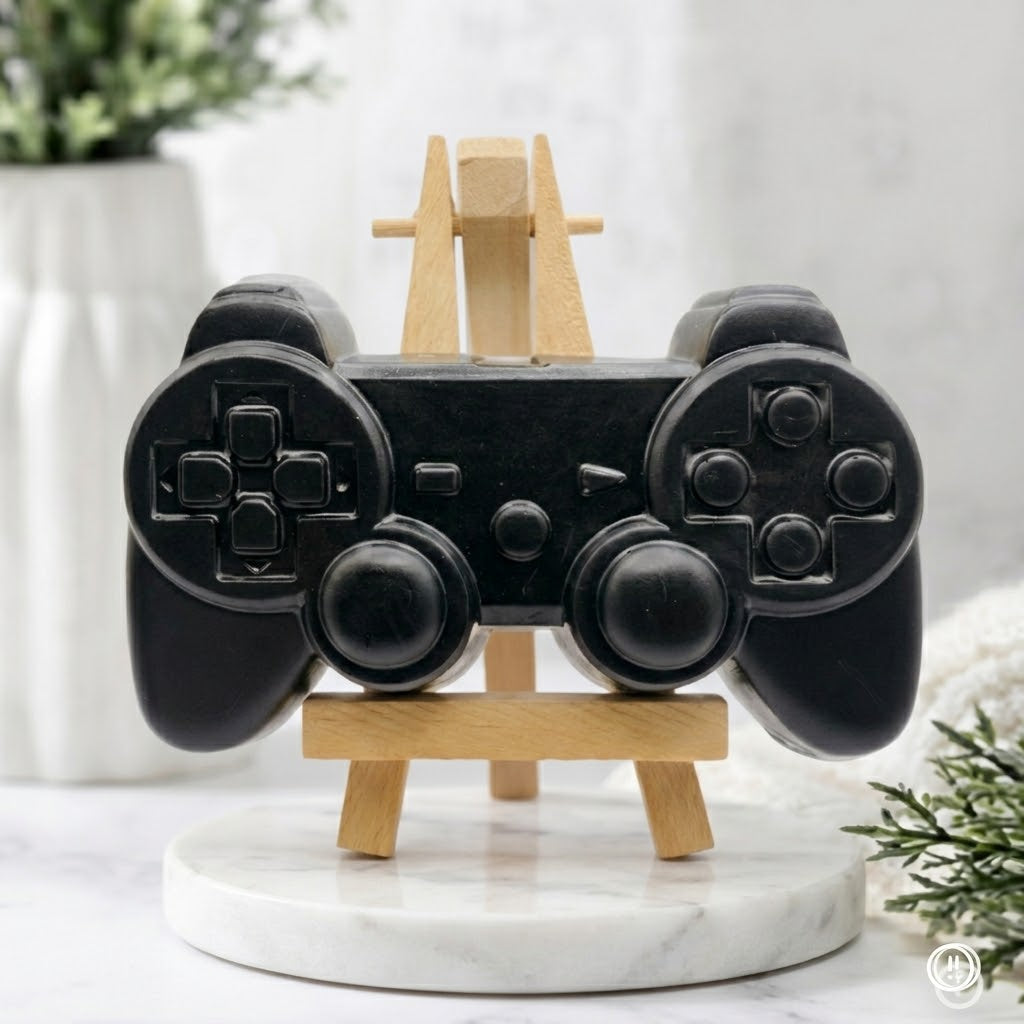 A jet black handmade vegan soap sculpted in the shape of a classic video game controller, finished in a deep charcoal black with realistic buttons and joysticks. 