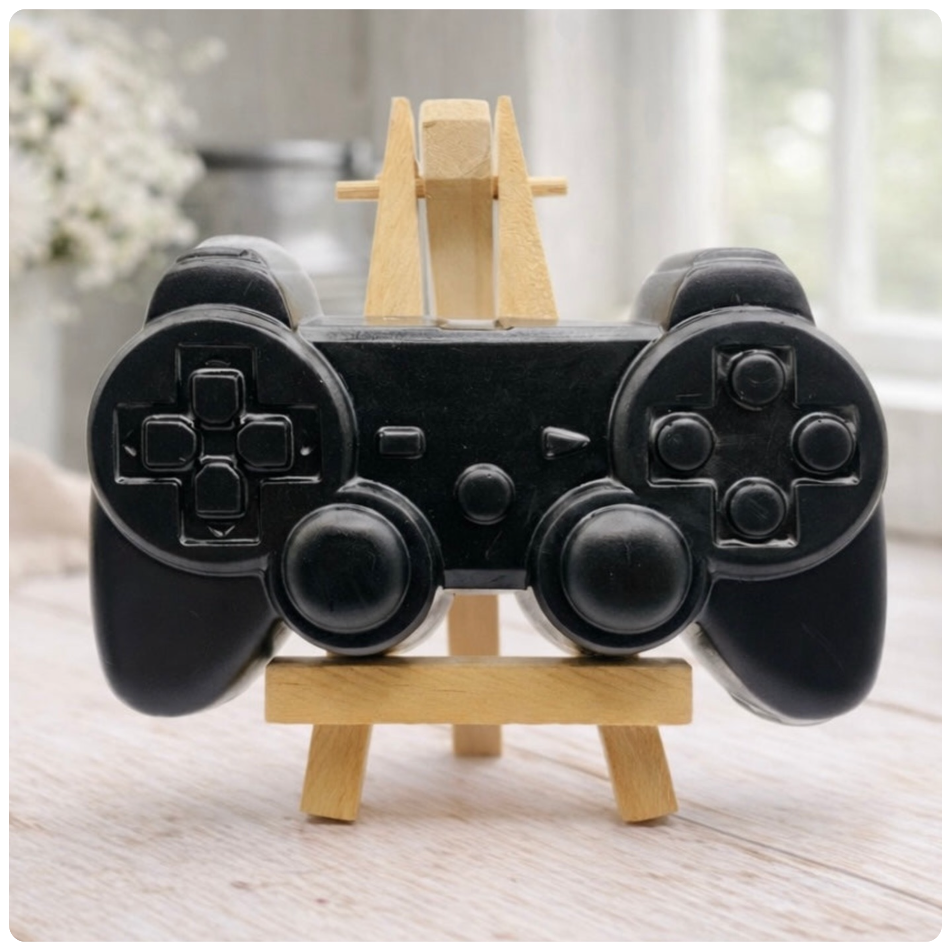 A handmade vegan soap sculpted in the shape of a classic video game controller, finished in a deep charcoal black with realistic buttons and joysticks, displayed on a miniature wooden easel in a bright farmhouse setting.