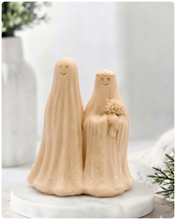 Load image into Gallery viewer, handmade vegan soap featuring a ghostly bride with a bouquet and a groom, a unique farmhouse decor wedding or anniversary gift 
