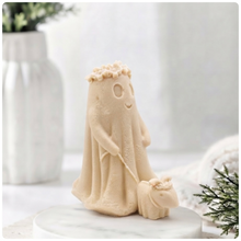 Load image into Gallery viewer, handmade vegan soap featuring a ghost with a flower crown walking a small dog, set against a soft pastel background for a whimsical farmhouse decor touch.
