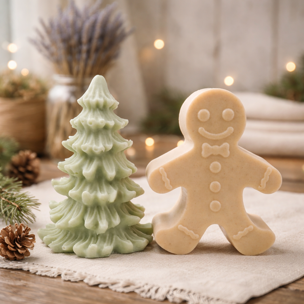 Vegan Soap Gift Set featuring a cheerful Gingerbread Man and a beautifully detailed Christmas Tree. gift boxed ready to give your loved one. 