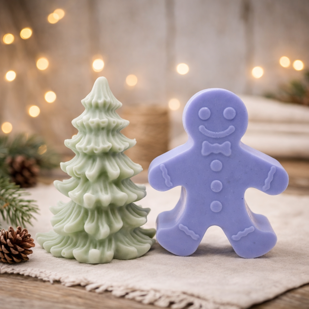 Vegan Soap Gift Set featuring a cheerful Gingerbread Man and a beautifully detailed Christmas Tree. gift boxed ready to give your loved one. 