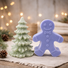 Load image into Gallery viewer, Vegan Soap Gift Set featuring a cheerful Gingerbread Man and a beautifully detailed Christmas Tree. gift boxed ready to give your loved one. 
