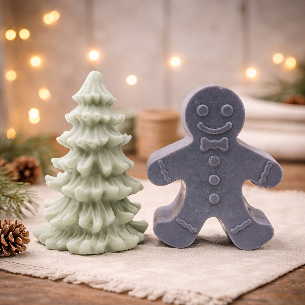 Vegan Soap Gift Set featuring a cheerful Gingerbread Man and a beautifully detailed Christmas Tree. gift boxed ready to give your loved one. 