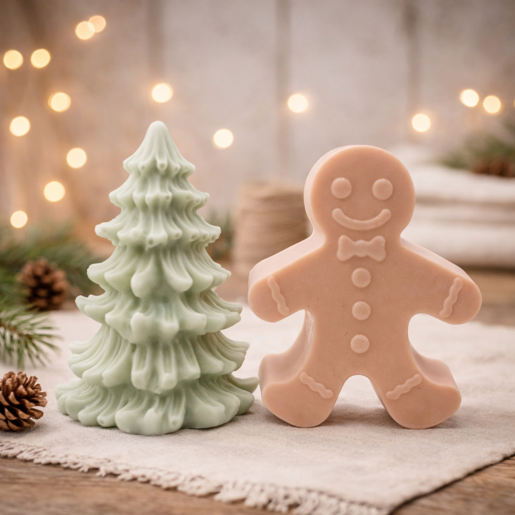 Vegan Soap Gift Set featuring a cheerful Gingerbread Man and a beautifully detailed Christmas Tree. gift boxed ready to give your loved one. 
