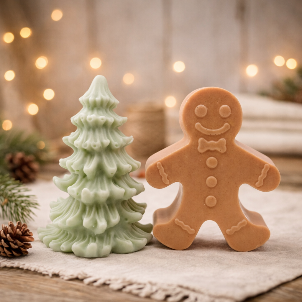 Vegan Soap Gift Set featuring a cheerful Gingerbread Man and a beautifully detailed Christmas Tree. gift boxed ready to give your loved one. 