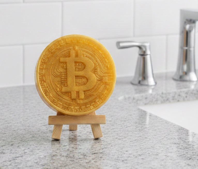 Gold vegan soap bar shaped like a Bitcoin coin on a wooden stand with a bathroom background.