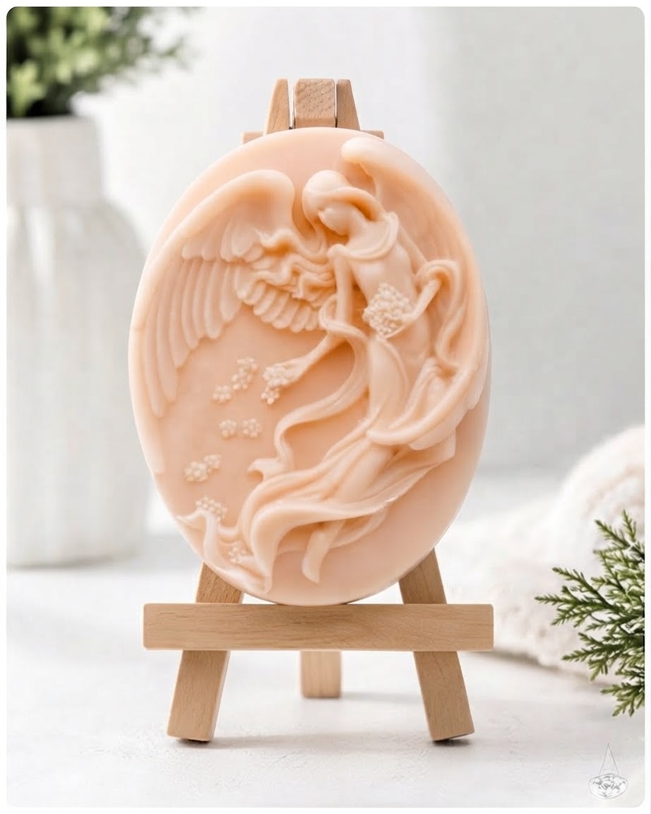 An oval-shaped, light-pink coloured soap bar, deeply carved with a relief design of a guardian angel and scattered flowers, is displayed upright on a miniature wooden easel. The easel rests on a white marble disc, with a blurred white vase and greenery in the background.