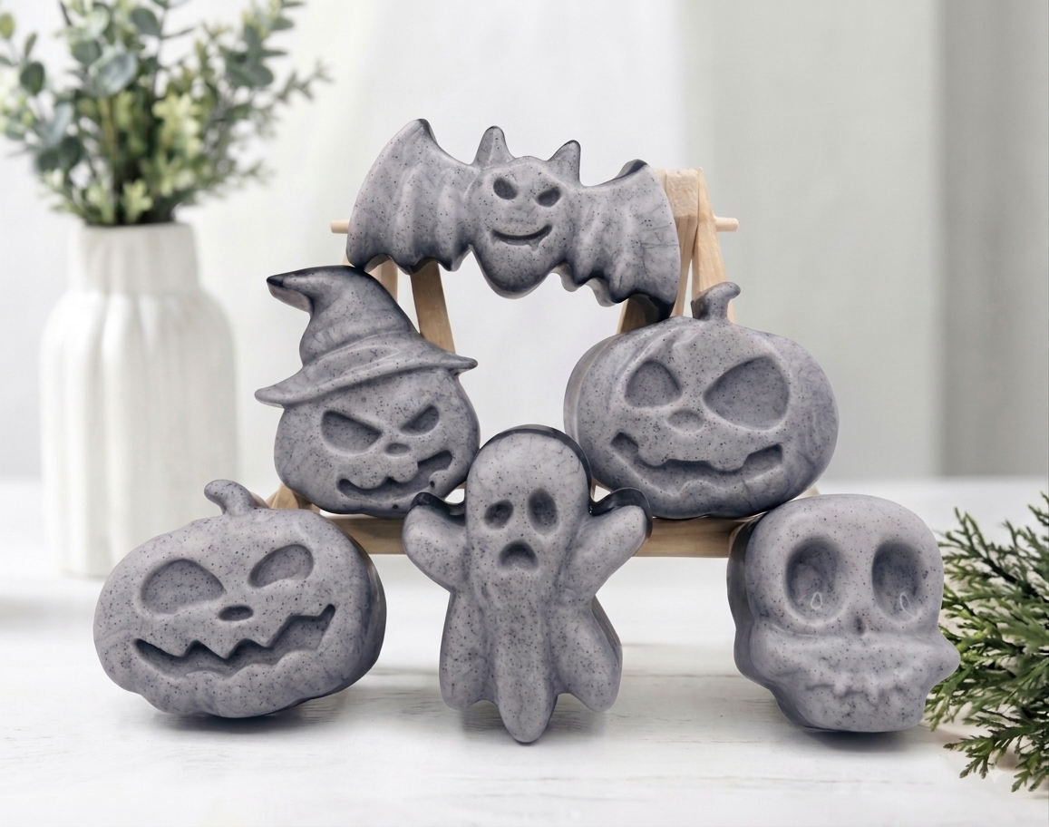 Complete set of six chunky activated charcoal Halloween soaps including bats, ghosts, skulls, and carved pumpkins arranged on a wooden easel against a bright backdrop.