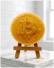 Load image into Gallery viewer, handmade vegan soap in the shape of a Bitcoin coin with a shimmering glitter finish, featuring a detailed relief of the "B" symbol and circuit board patterns, displayed on a small wooden easel in a bright farmhouse decor setting.
