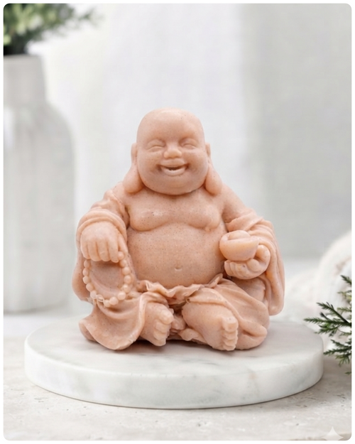 A handmade vegan soap sculpted into a joyful Laughing Buddha sitting in a meditative pose, holding prayer beads and a small bowl, displayed in a bright farmhouse setting