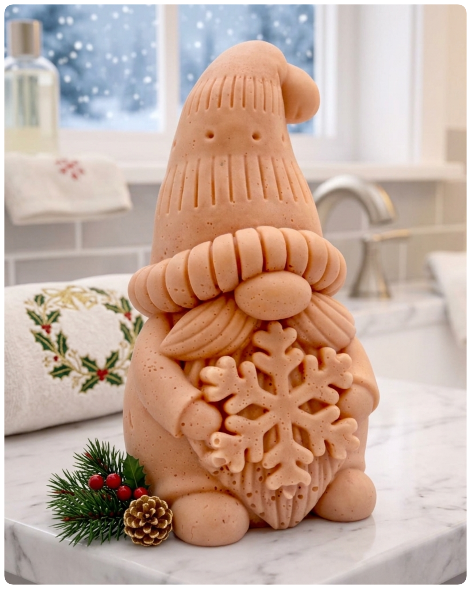 handmade vegan soap in the shape of a winter gnome sculpture holding a large snowflake, featuring a tall textured hat and a bushy moustache