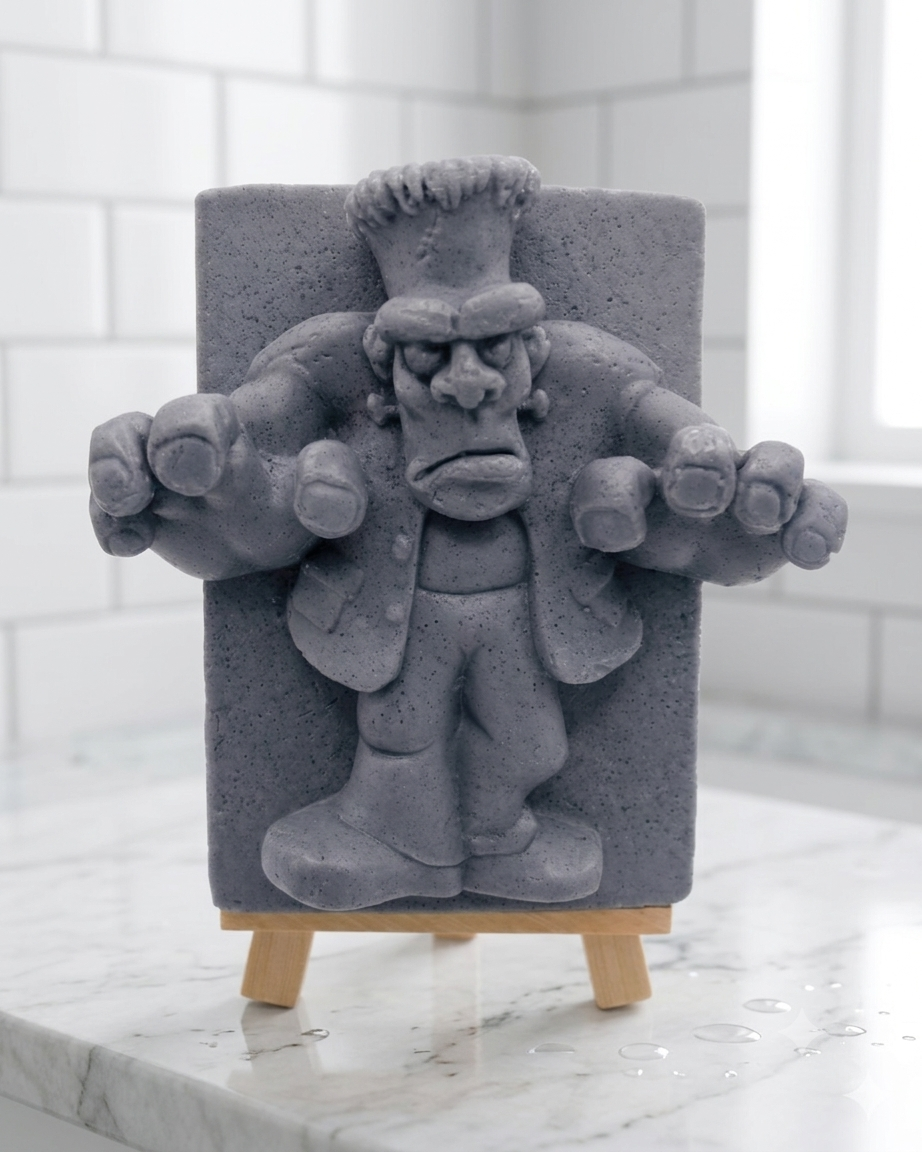 A rectangular handmade vegan soap featuring a high-relief carving of Frankenstein's monster in a classic pose with arms outstretched and a grumpy expression, displayed on a miniature wooden easel.