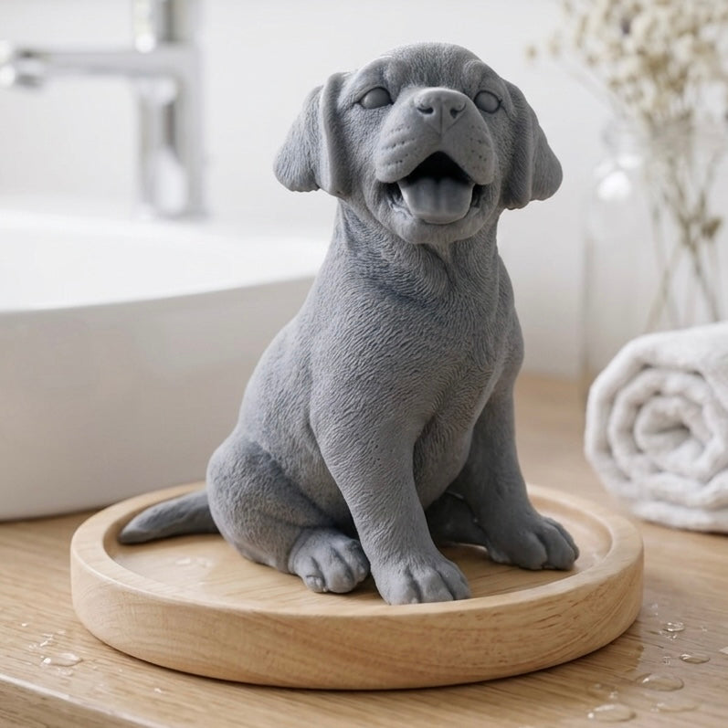 handmade vegan soap in the shape of a happy sitting Labrador retriever puppy sculpture with its tongue out, displayed in a bright farmhouse decor setting.