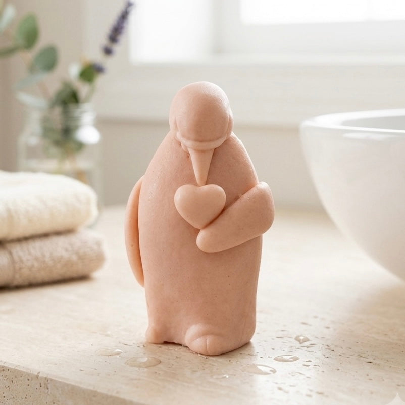 A handmade vegan soap sculpted as a standing penguin tenderly cradling a heart against its chest, displayed on a light wooden surface in a bright farmhouse setting.