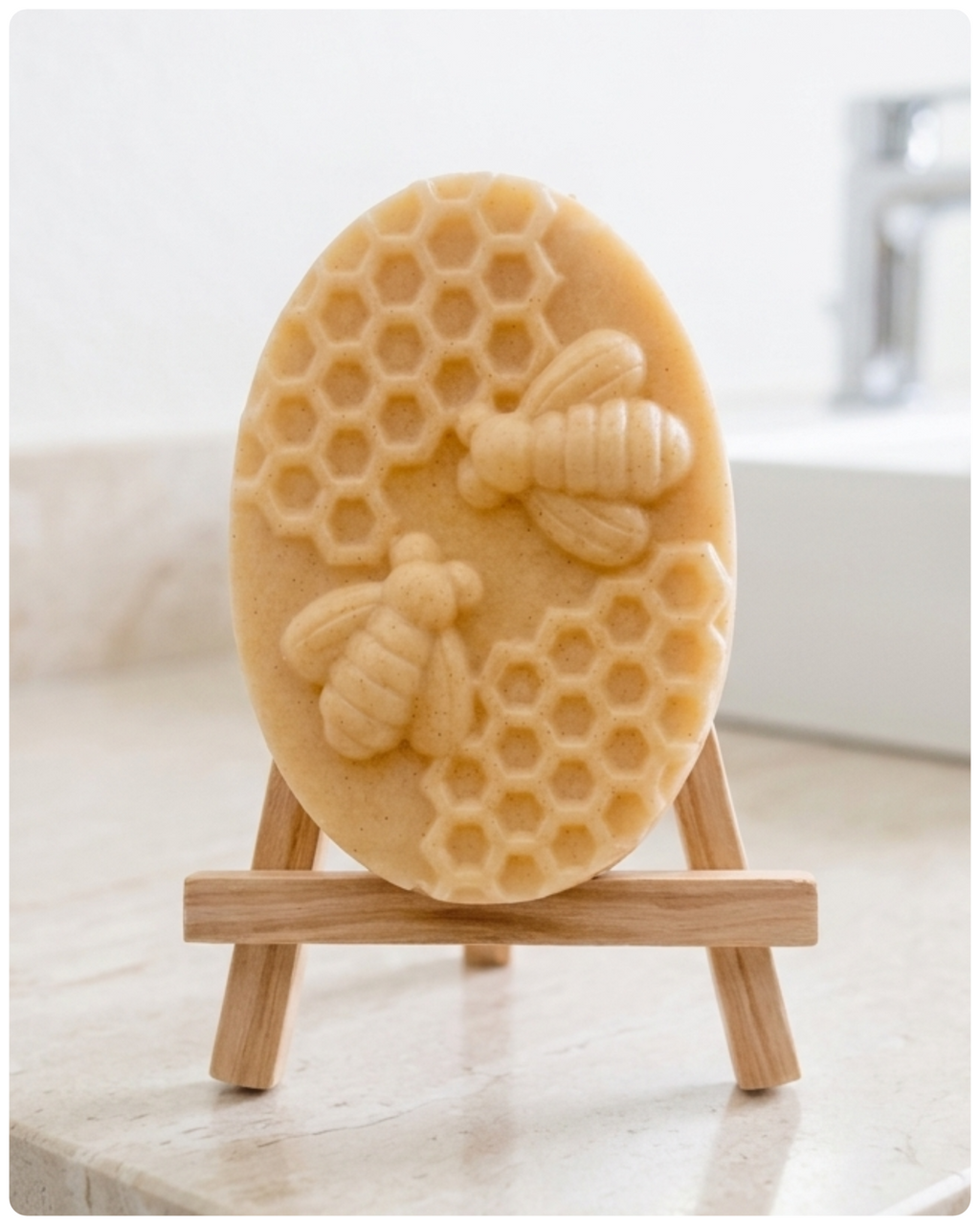 handmade vegan soap featuring an oval relief sculpture of two honey bees crawling on a honeycomb pattern, displayed on a small wooden easel in a bright farmhouse decor setting.