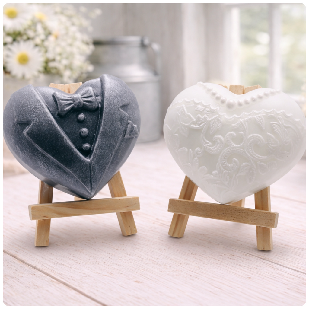 A pair of heart-shaped wedding soaps shaped like a bride's white lace dress and a groom's grey tuxedo, displayed on small wooden easels. Gift boxed ready to give. 