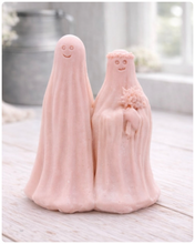 Load image into Gallery viewer, handmade vegan soap featuring a ghostly bride with a bouquet and a groom, a unique farmhouse decor wedding or anniversary gift 
