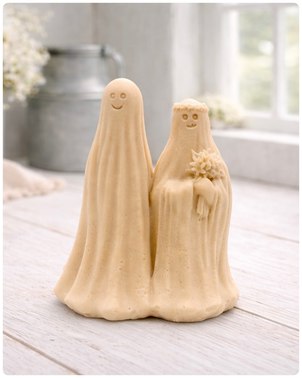 handmade vegan soap featuring a ghostly bride with a bouquet and a groom, a unique farmhouse decor wedding or anniversary gift 