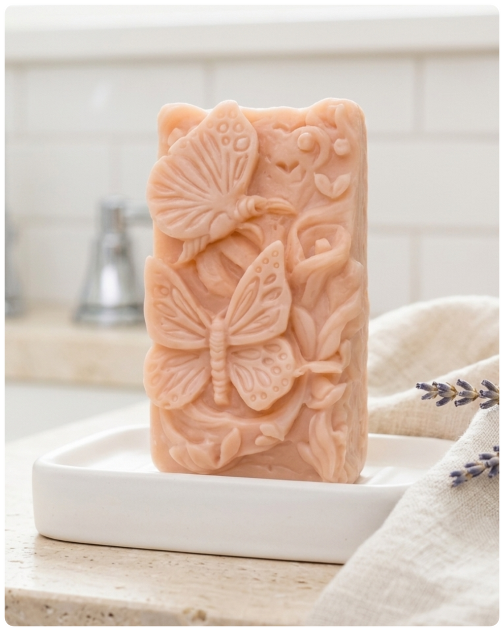 Decorative vegan soap bar with butterfly design on a wooden surface