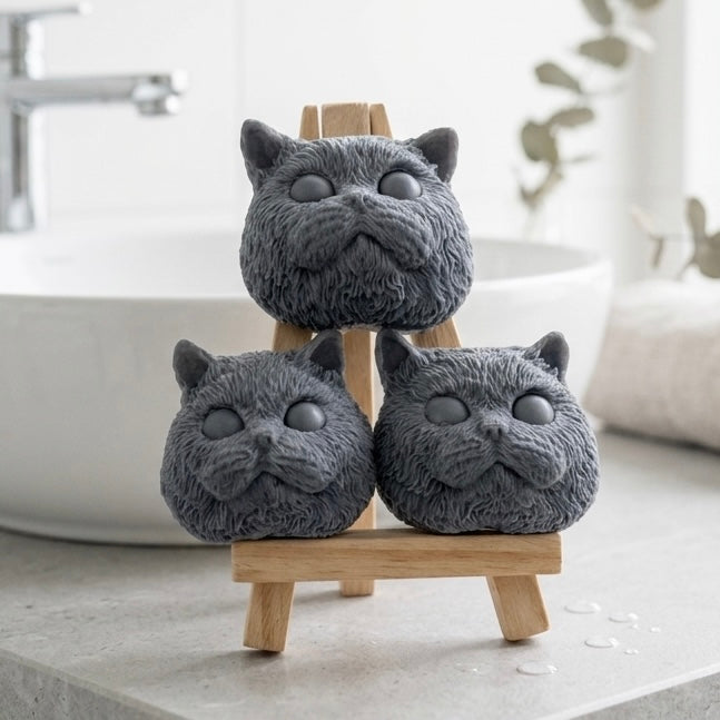 Handmade vegan soaps featuring a set of three detailed little cat faces gift boxed in beautiful eco friendly packaging.