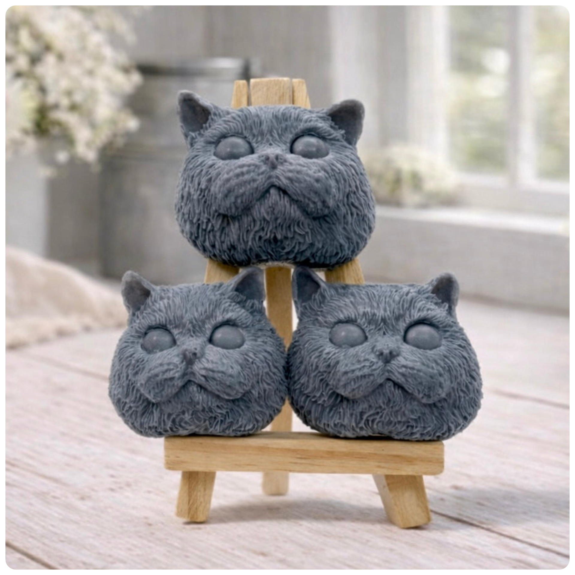 Handmade vegan soaps featuring a set of three little cat faces gift boxed in beautiful eco friendly packaging. 