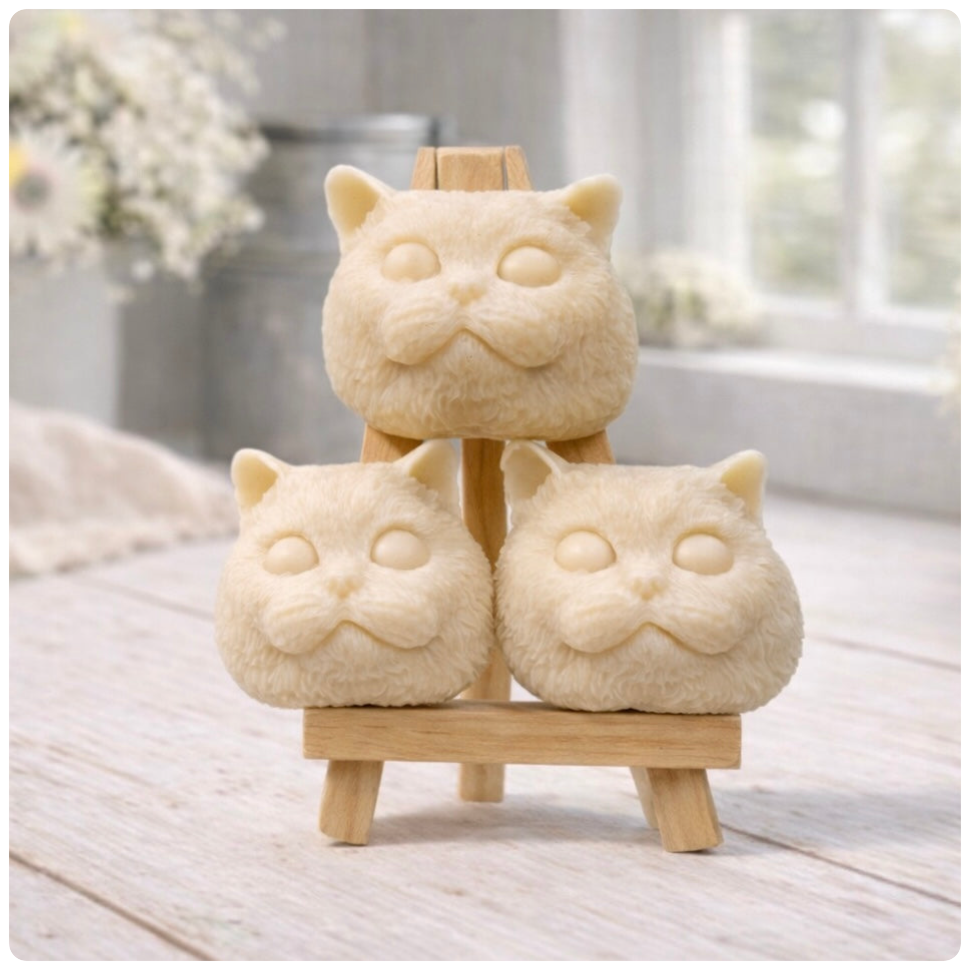 Handmade vegan soaps featuring a set of three little cat faces gift boxed in beautiful eco friendly packaging. 