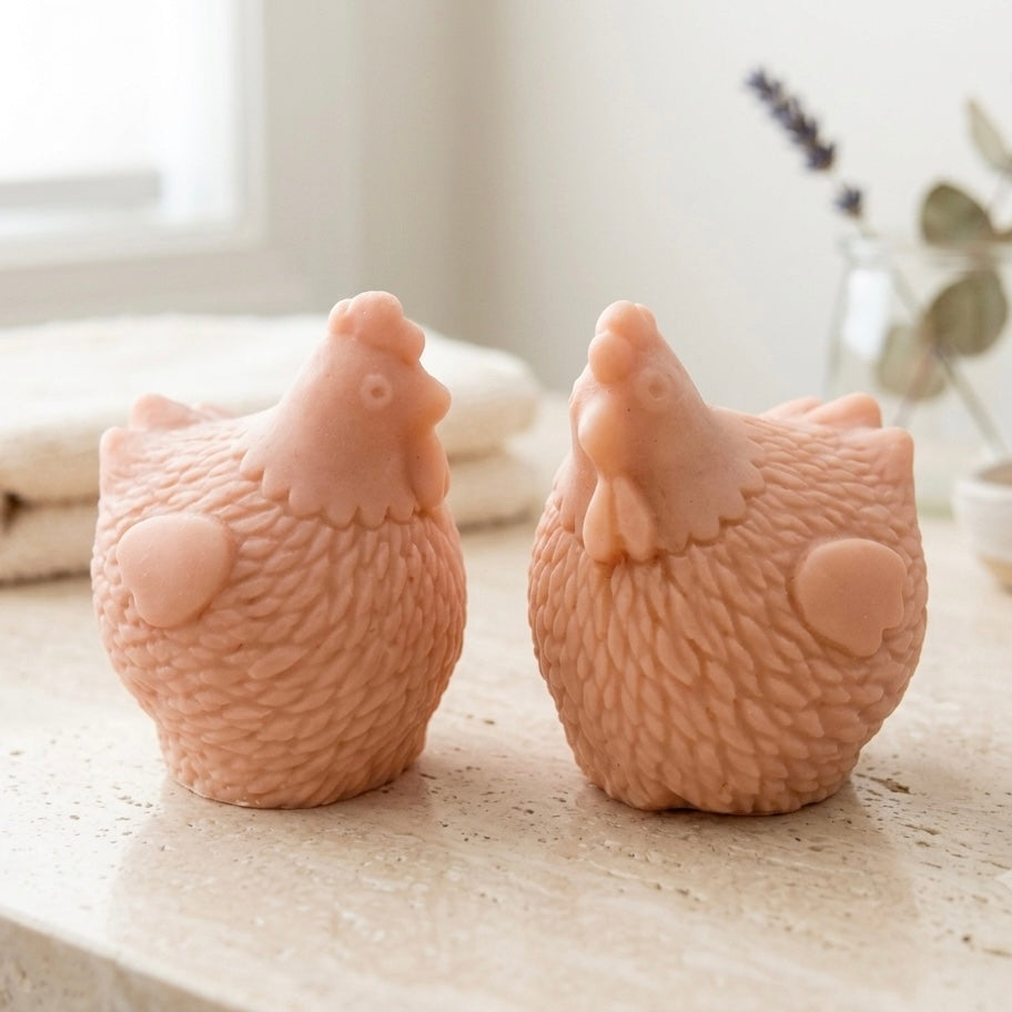 Two handmade vegan soaps in the shape of plump, realistic chicken sculptures with detailed feather textures