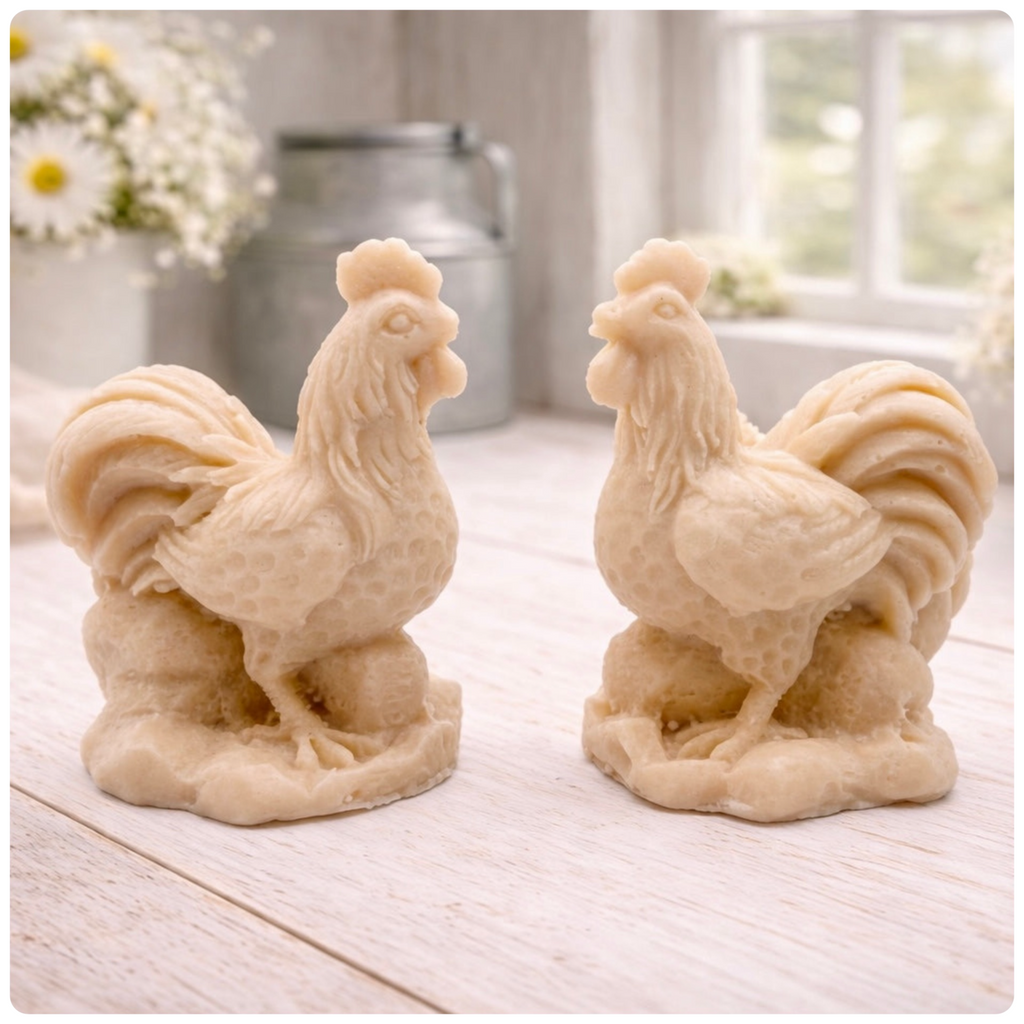 Two handmade vegan soaps sculpted in the shape of proud roosters (cockerels) with detailed feathers, combs, and curved tail feathers, standing on a rustic base, in a natural colour. Gift boxed 