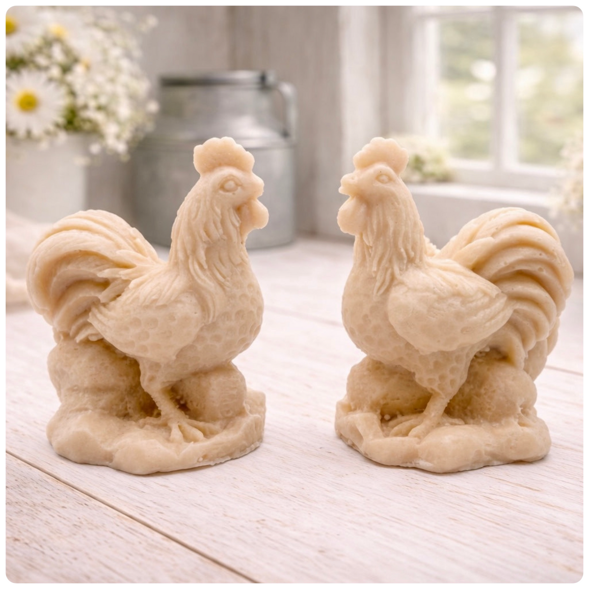 Two handmade vegan soaps sculpted in the shape of proud roosters (cockerels) with detailed feathers, combs, and curved tail feathers, standing on a rustic base, in a natural colour. Gift boxed 