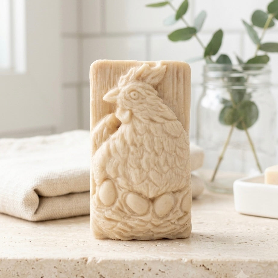 A rectangular handmade vegan soap in a natural colour, featuring a highly detailed relief carving of a broody hen chicken sitting on a nest of eggs, displayed upright on a light wooden surface.