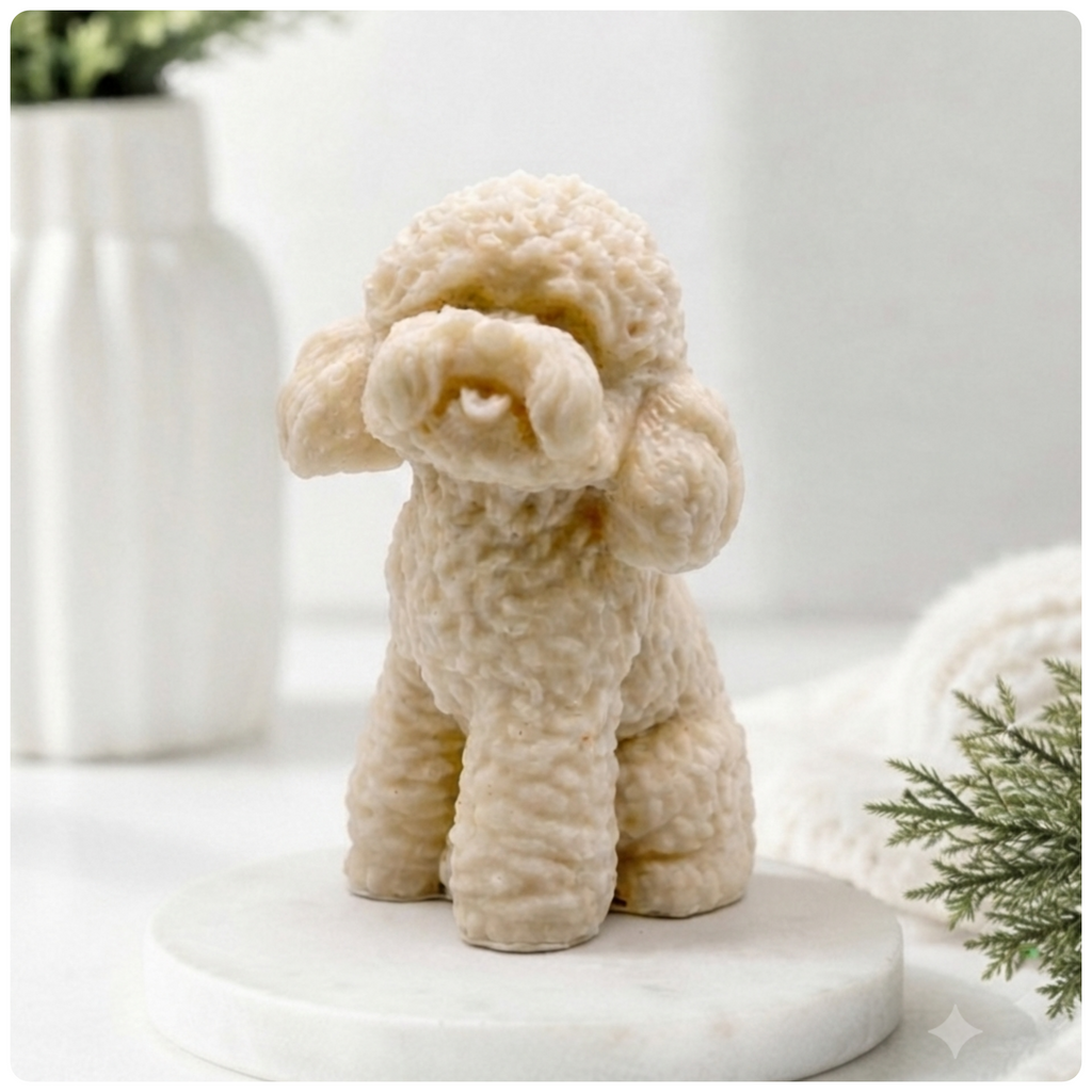 handmade vegan soap in the shape of a realistic sitting cockapoo or poodle sculpture, featuring detailed curly fur texture and a classic poodle groom, displayed on a rustic white wooden surface in a bright farmhouse decor setting.