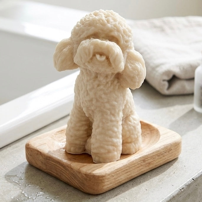 handmade vegan soap in the shape of a realistic sitting cockapoo or poodle sculpture, featuring detailed curly fur texture and a classic poodle groom