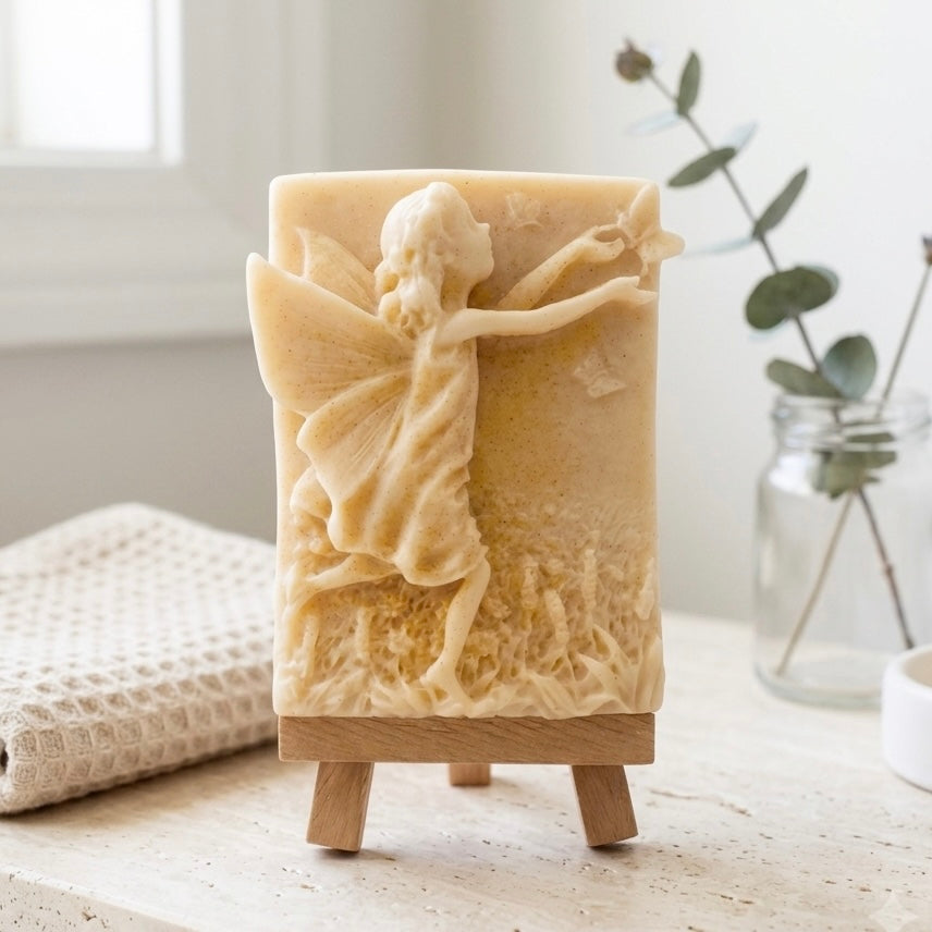 A rectangular handmade vegan soap  featuring a detailed relief of a winged fairy reaching towards a butterfly in a meadow of tall grass and flowers, displayed on a wooden easel