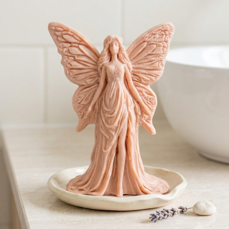 A detailed handmade vegan soap featuring an elegant fairy with large, intricate butterfly-style wings, a flowing gown, and long hair, standing against a bright farmhouse window background.