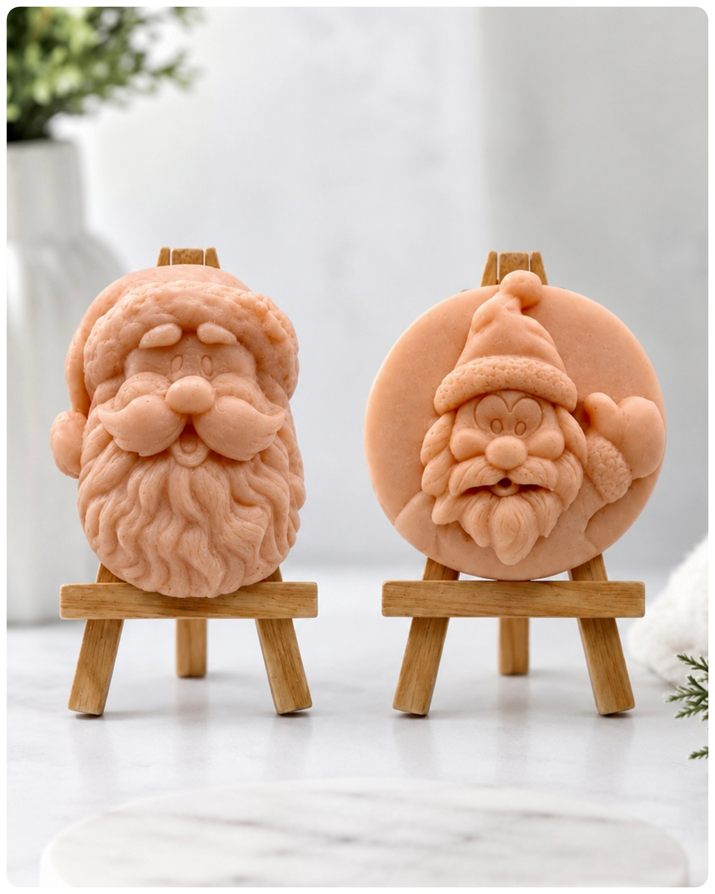 Handmade Father Christmas soap gift set in warm red French clay featuring a detailed Santa head and circular waving Santa soap bar.
