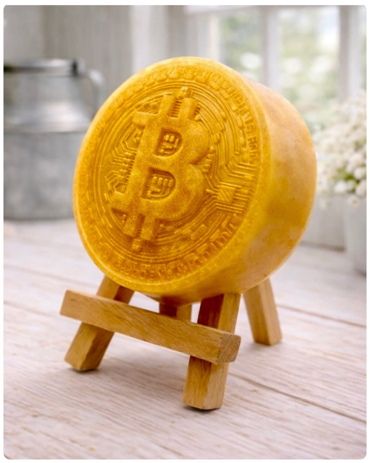 handmade vegan soap in the shape of a Bitcoin coin with a shimmering glitter finish, featuring a detailed relief of the "B" symbol and circuit board patterns, displayed on a small wooden easel in a bright farmhouse decor setting.