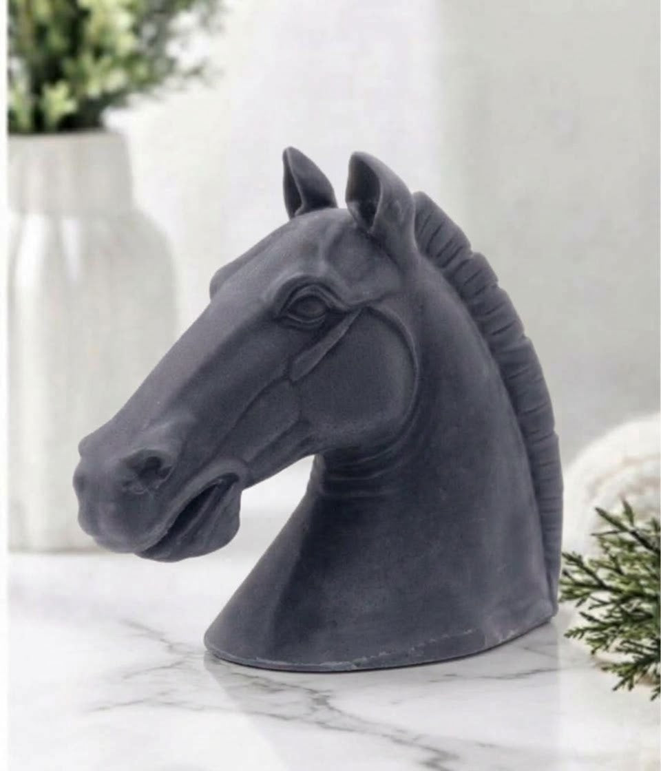 Handmade grey horse soap sculpture made with activated charcoal , crafted in a detailed equestrian bust shape.