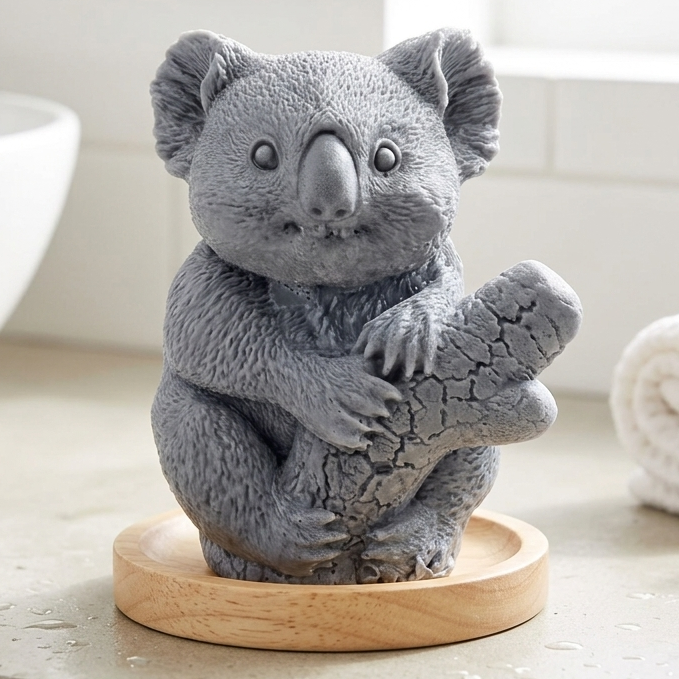 A highly detailed handmade vegan soap in a sculpted in the shape of a realistic koala bear sitting upright and clutching a textured eucalyptus branch