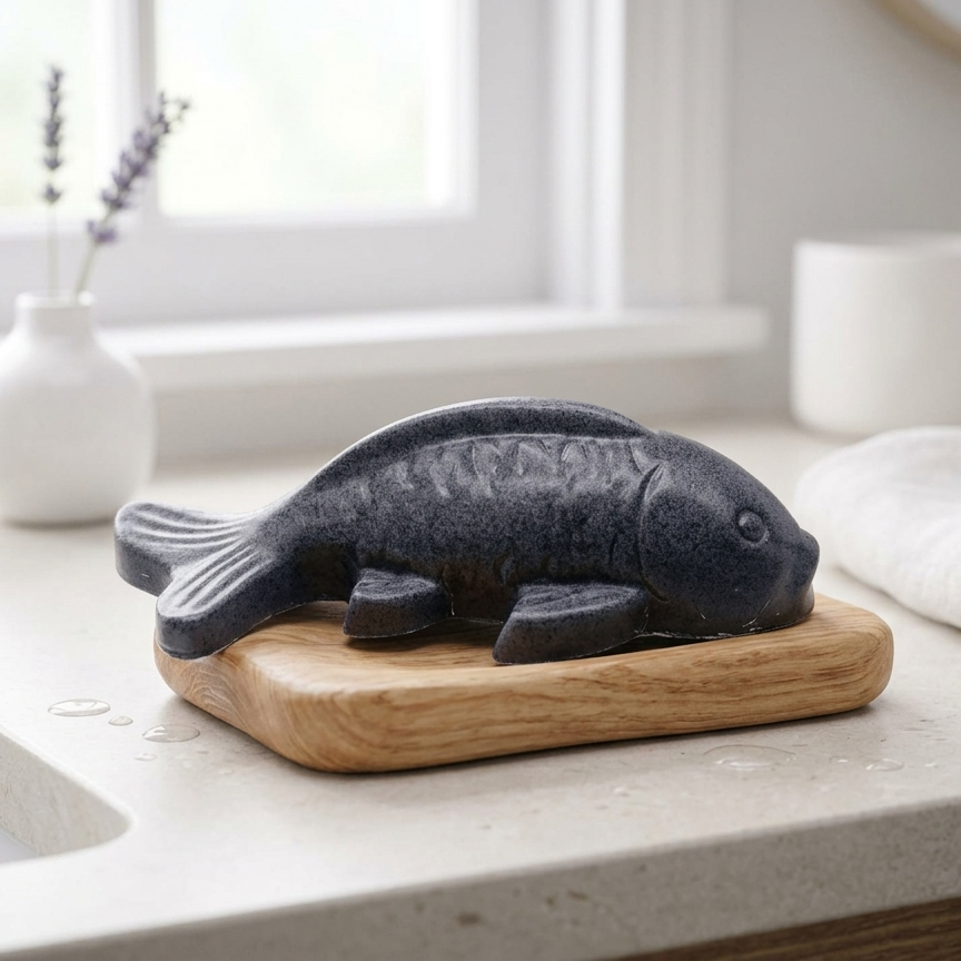 Detailed handmade vegan soap in the shape of a koi fish a unique gift idea for fishermen and farmhouse decor bathroom