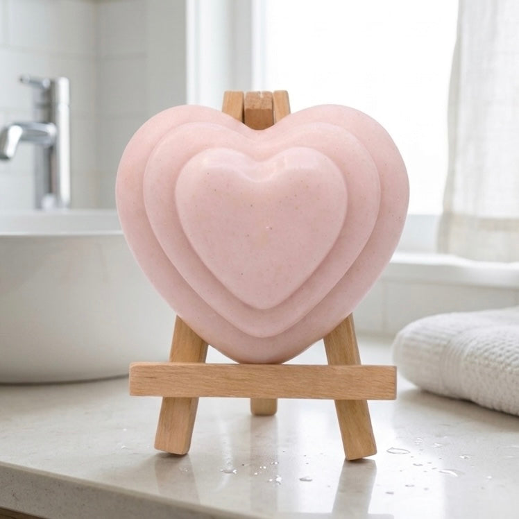 handmade vegan soap gift featuring a triple-tiered heart relief design, displayed on a wooden easel