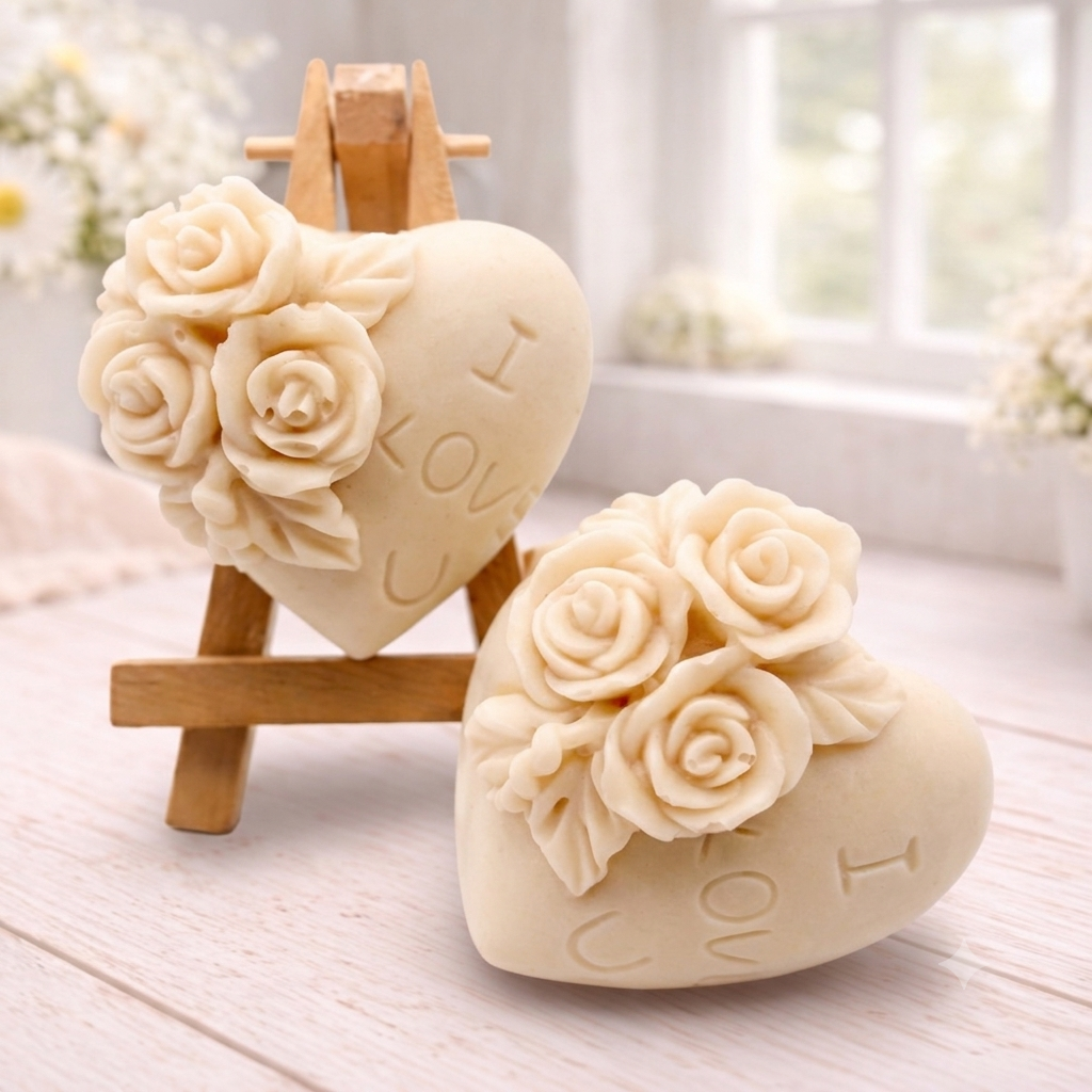 A handmade vegan soap gift set, featuring a central heart-shaped relief surrounded by a border of intricate rose flowers and delicate foliage, displayed on a small wooden easel.