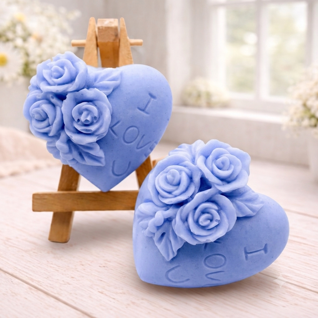 A handmade vegan soap gift set, featuring a central heart-shaped relief surrounded by a border of intricate rose flowers and delicate foliage, displayed on a small wooden easel.