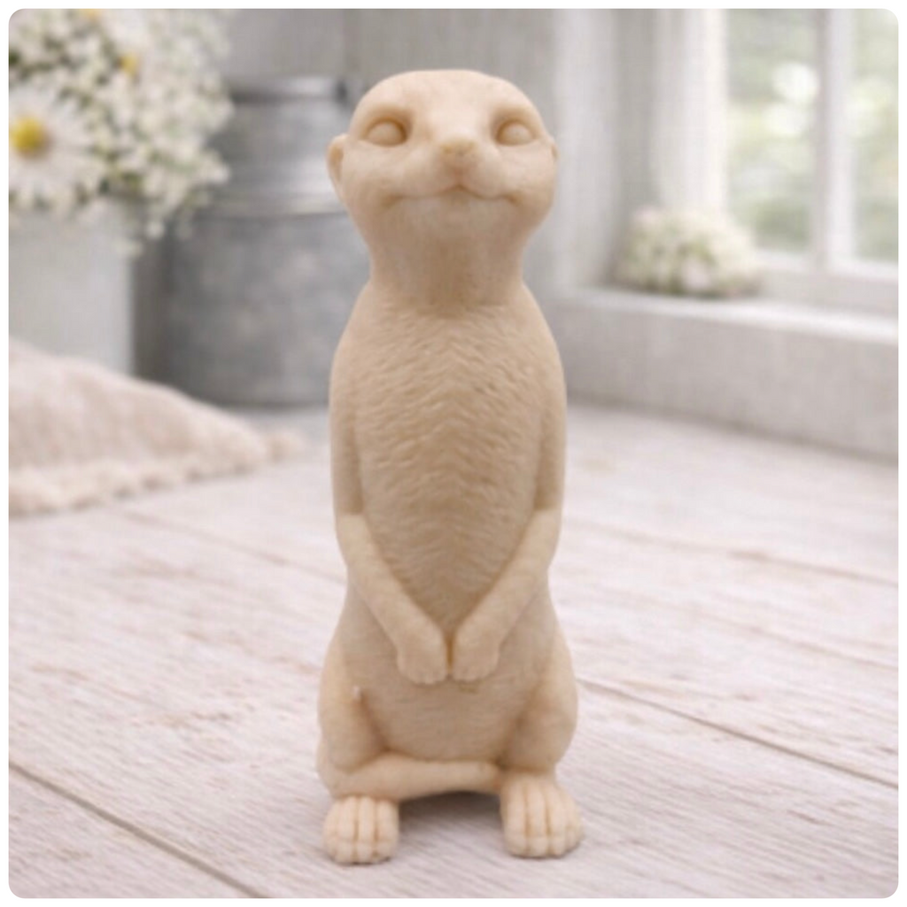 A highly detailed handmade vegan soap, sculpted in the shape of a realistic meerkat standing upright in its iconic sentinel pose, featuring textured fur and a curious facial expression, displayed on a light wooden surface.