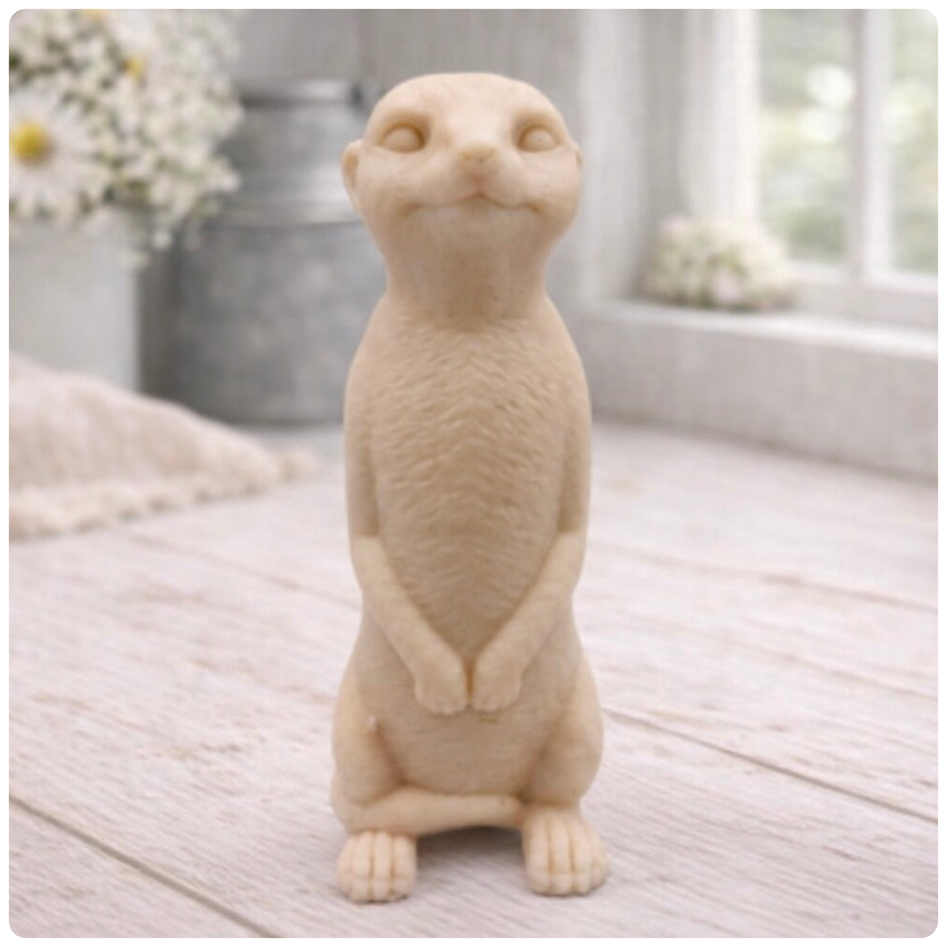 A highly detailed handmade vegan soap, sculpted in the shape of a realistic meerkat standing upright in its iconic sentinel pose, featuring textured fur and a curious facial expression, displayed on a light wooden surface.